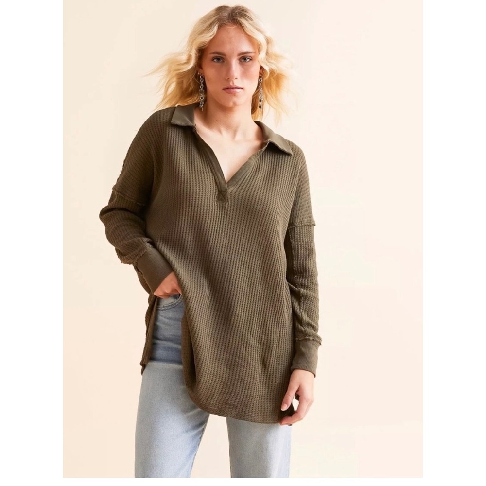We The Free Free People Travis Tunic Olive Waffle Knit Top Oversized Small